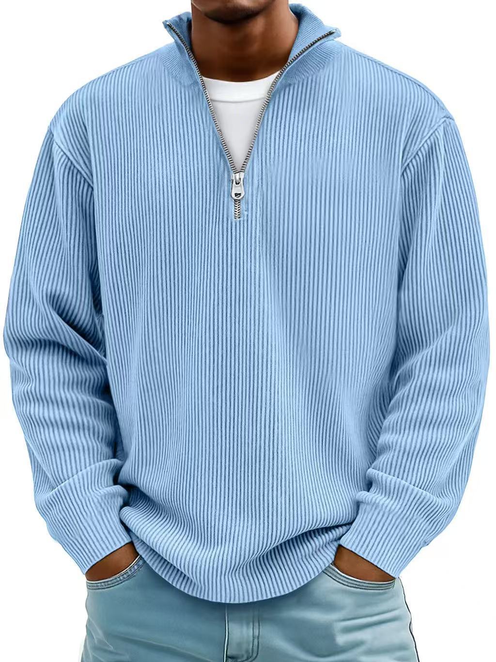 Men's Zip-Up Stand-Up Collar Corduroy Long Sleeve Sweater