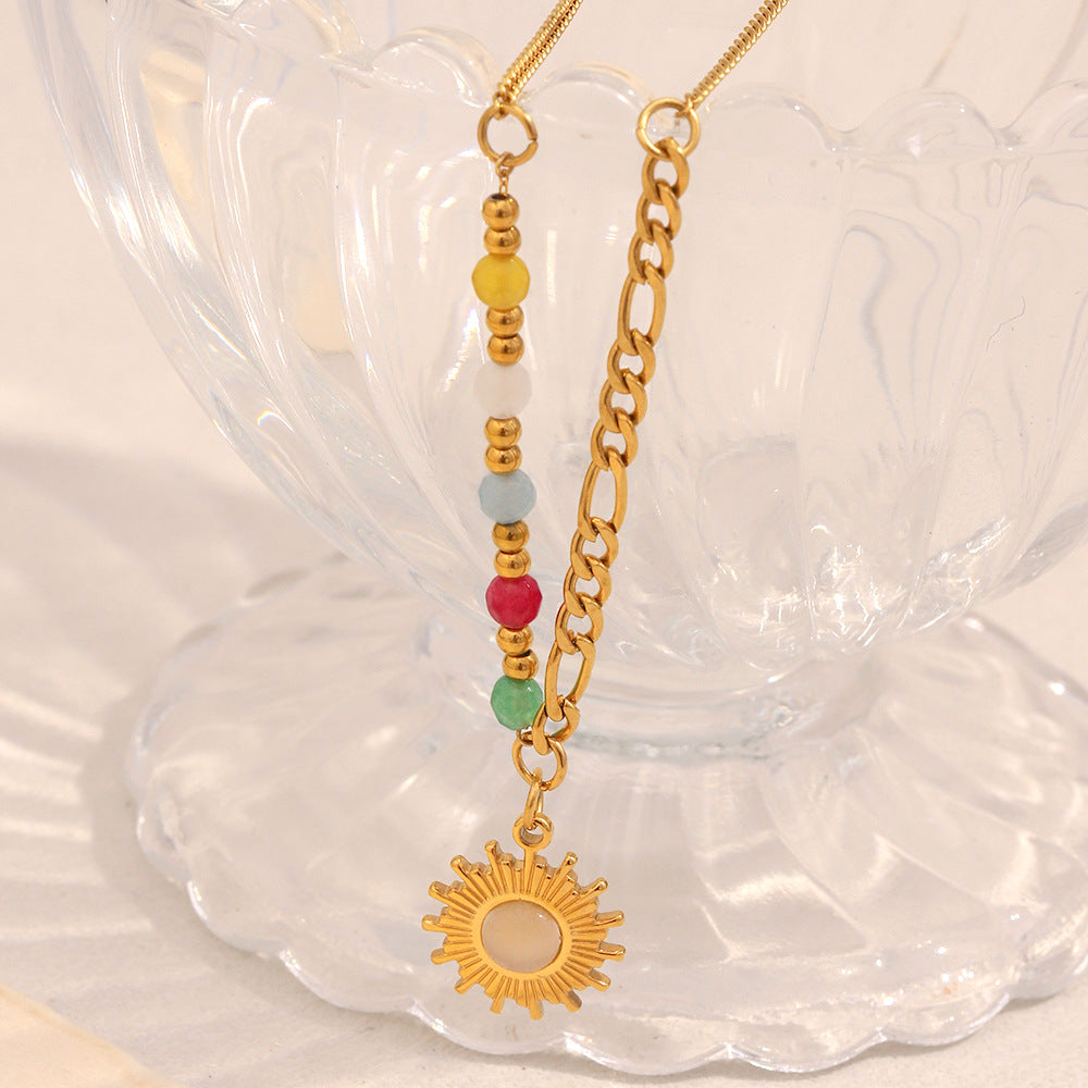 17g Stainless Steel Sun Pendant Necklace - Gold Stone