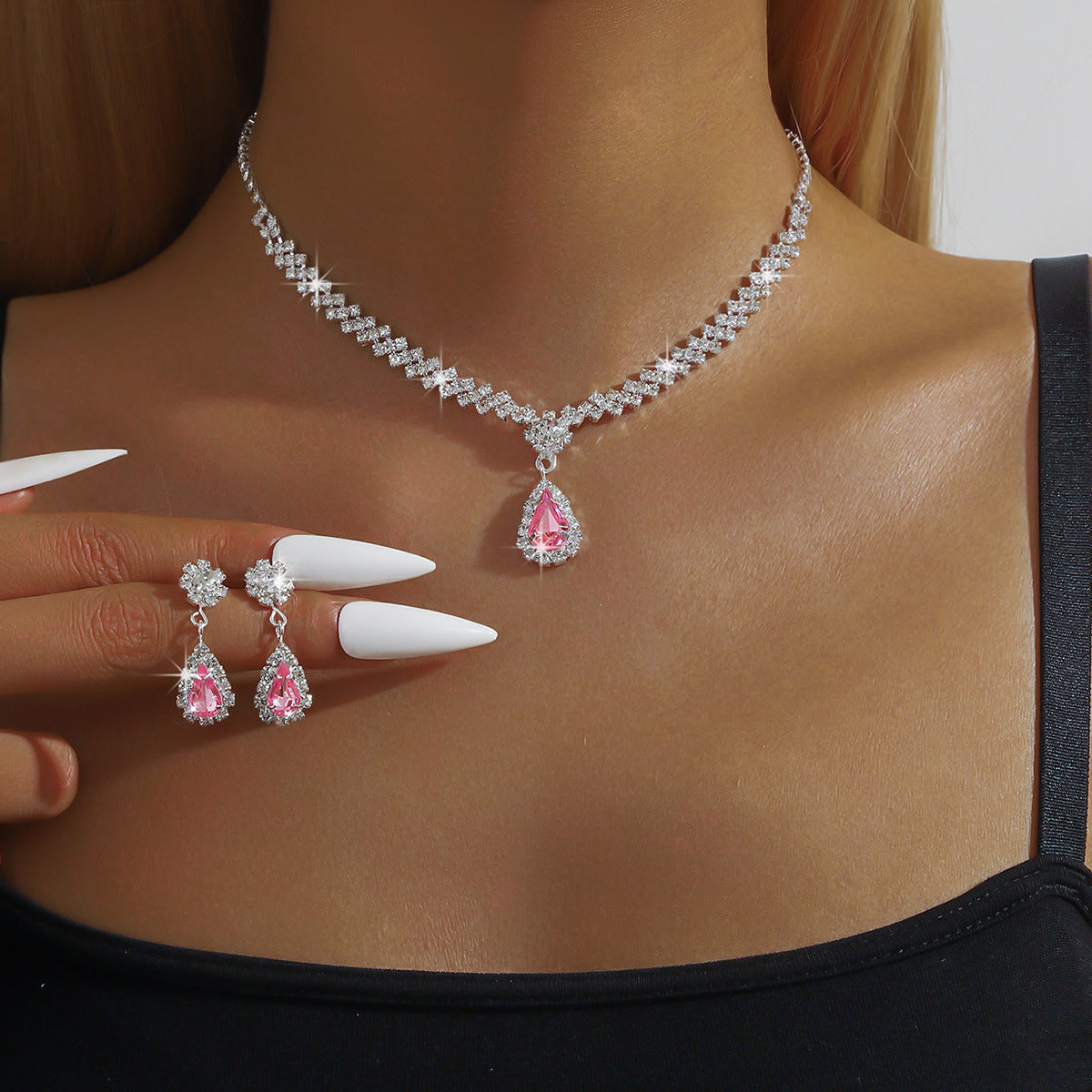Water Drop Jewelry Set - 35g Rhinestone Necklace and Earrings | SADJÉ