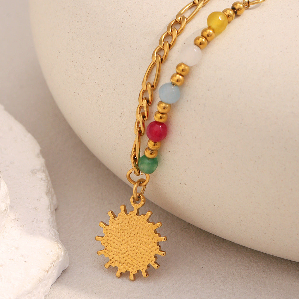 17g Stainless Steel Sun Pendant Necklace - Gold Stone