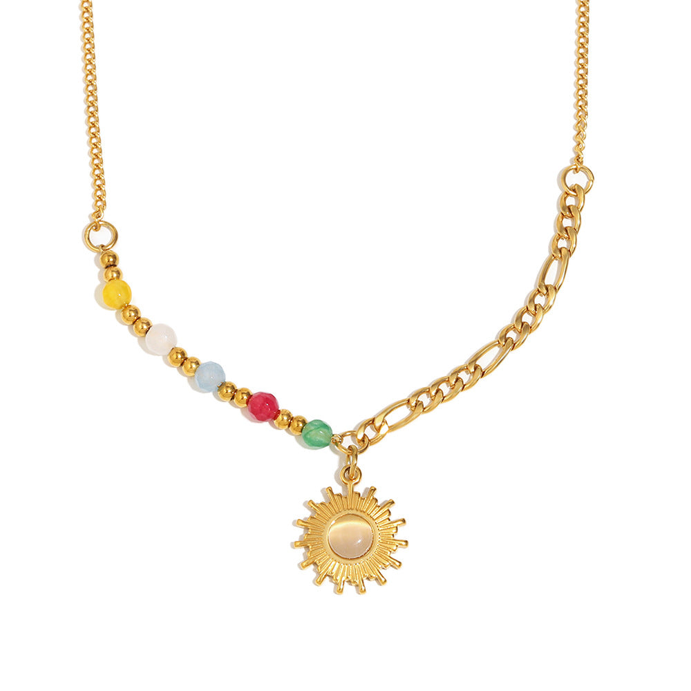 17g Stainless Steel Sun Pendant Necklace - Gold Stone