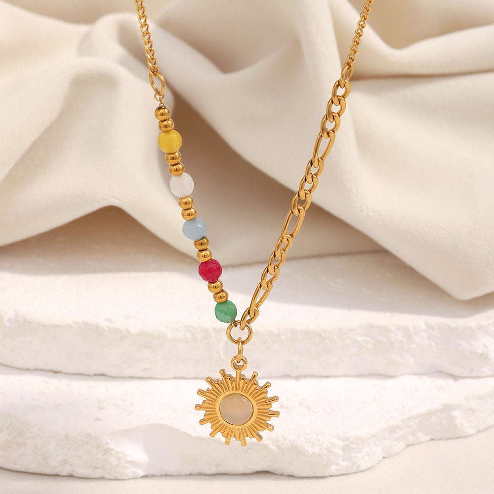 17g Stainless Steel Sun Pendant Necklace - Gold Stone