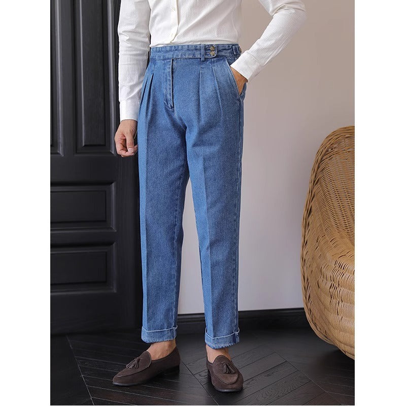 Jean Homme Taille Haute Bleu - Pantalon Droit Style Britannique