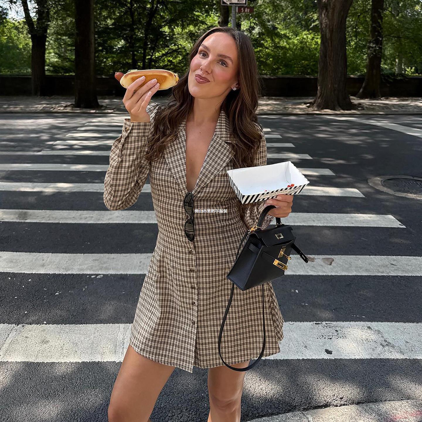 Robe Chemise Femme à Carreaux - Col Pointu Ajustée Manches Longues Boutonnée