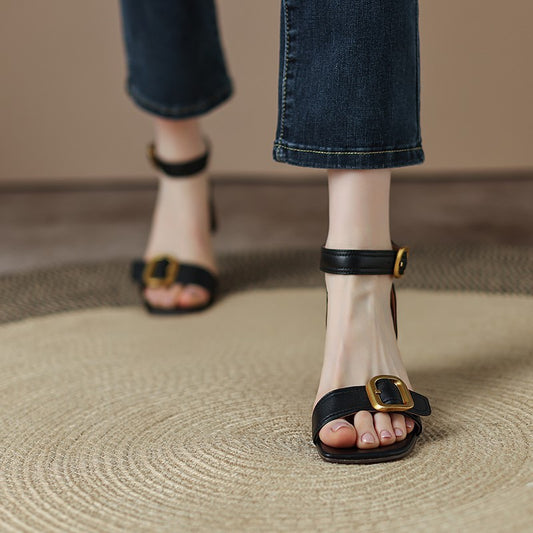 Sandalias de tacón retro para mujer - Punta cuadrada con tira al tobillo elegante