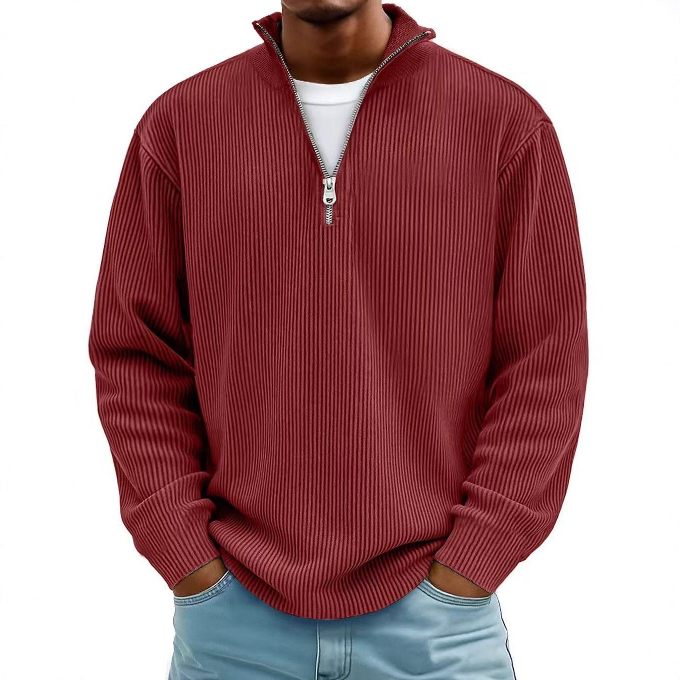 Men's Zip-Up Stand-Up Collar Corduroy Long Sleeve Sweater