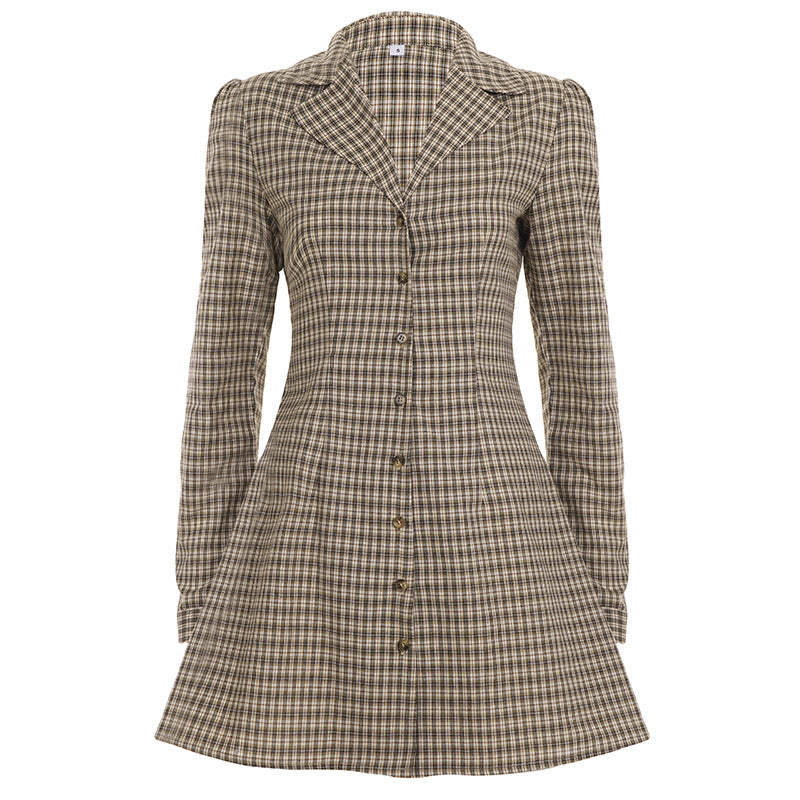 Robe Chemise Femme à Carreaux - Col Pointu Ajustée Manches Longues Boutonnée