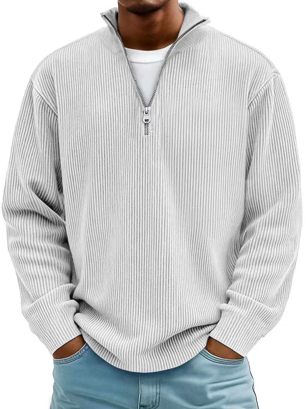 Men's Zip-Up Stand-Up Collar Corduroy Long Sleeve Sweater