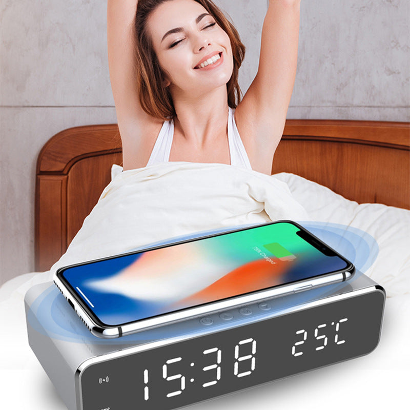 LED Mirror Alarm Clock with Wireless Charger - Digital Clock Thermometer
