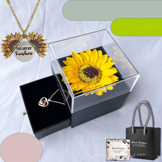 Boîte à Bijoux Tournesol Acrylique avec Collier - Coffret Cadeau Fleur Artificielle