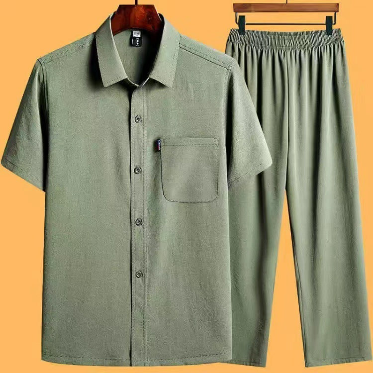 Ensemble 2 Pièces Homme Coton Glacé - Chemise et Pantalon à Poches Style Décontracté