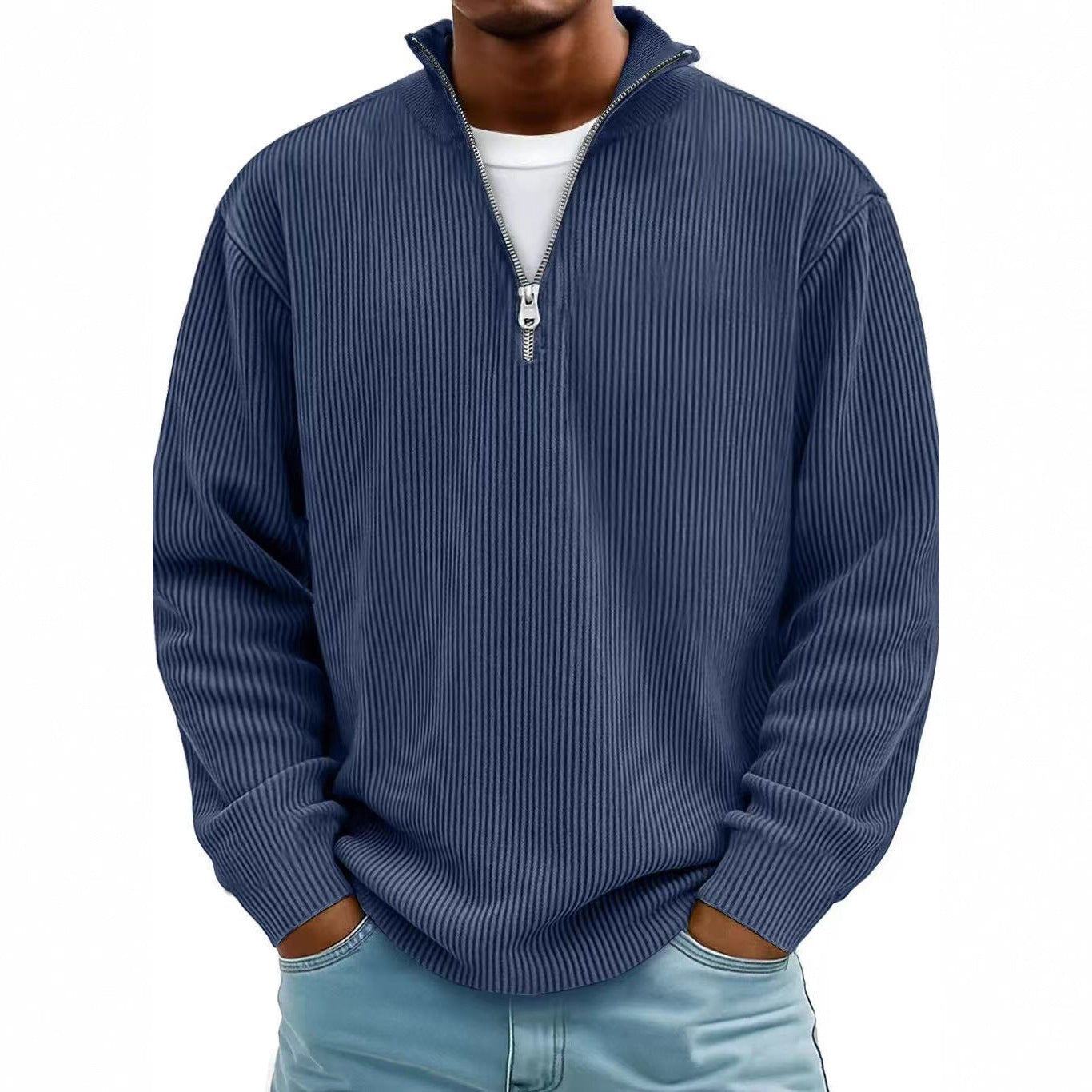 Men's Zip-Up Stand-Up Collar Corduroy Long Sleeve Sweater