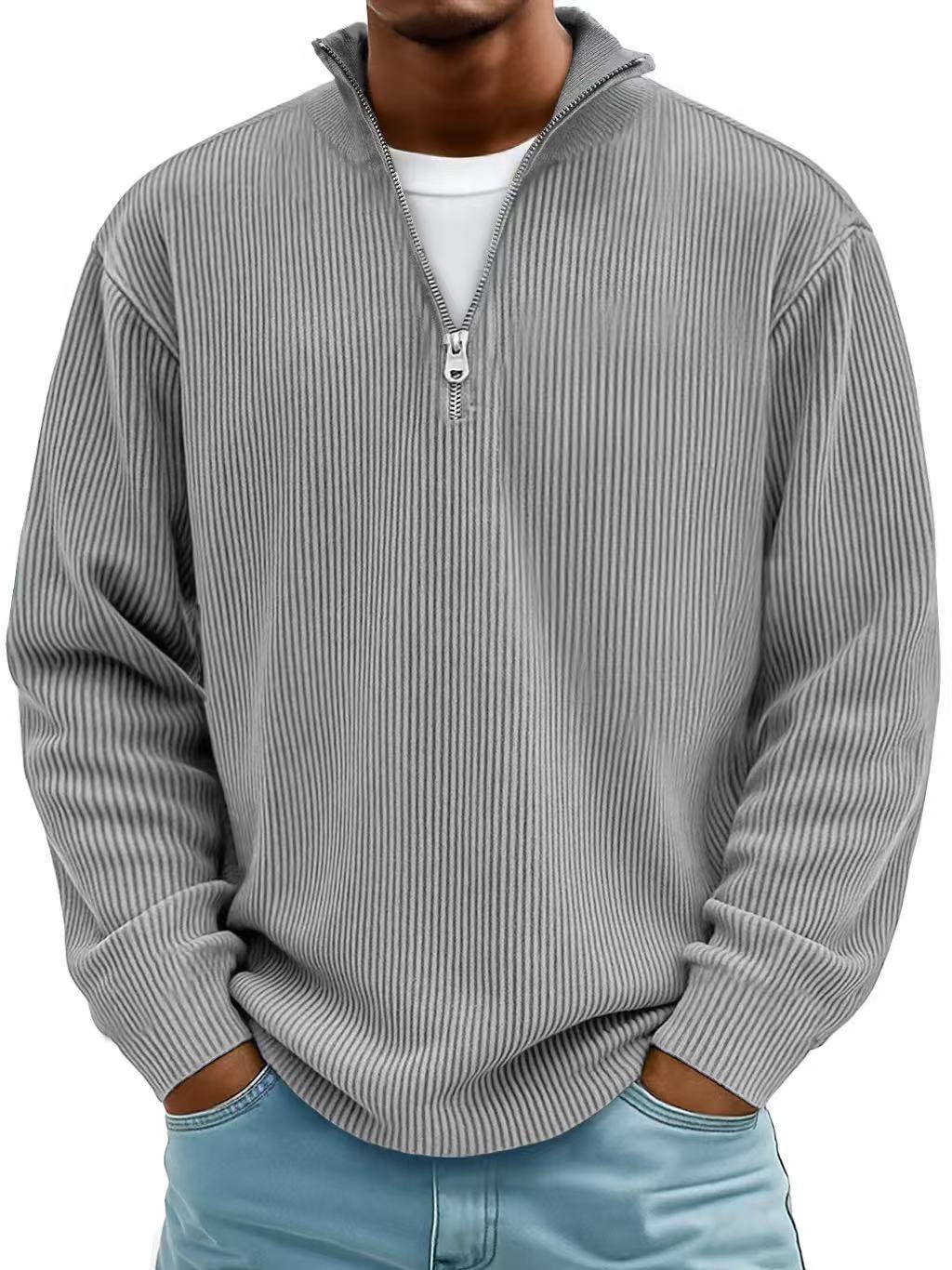 Men's Zip-Up Stand-Up Collar Corduroy Long Sleeve Sweater