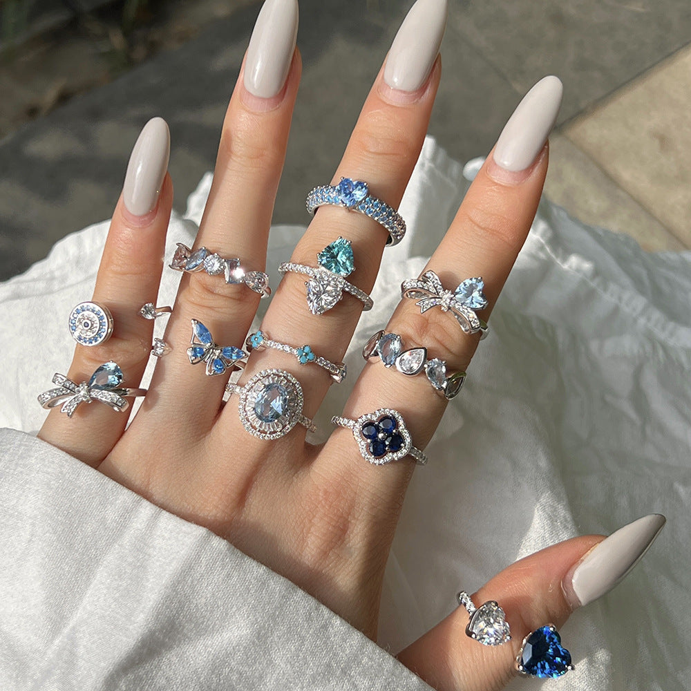 Bague Argent 925 Femme Zircon Bleu Océan - Sterling Silver Élégante Mode