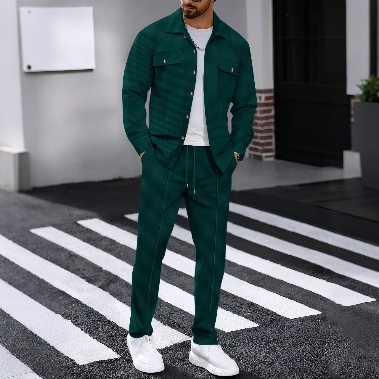 Men's Casual Waffle Set - Shirt and Pants
