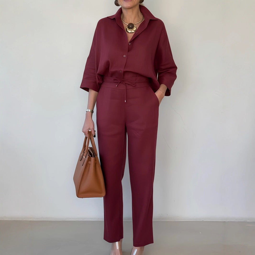 Ensemble Femme Chemise Polo Lin et Pantalon - 2 Pièces Élégant