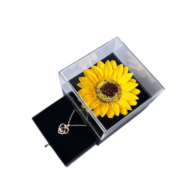 Boîte à Bijoux Tournesol Acrylique avec Collier - Coffret Cadeau Fleur Artificielle
