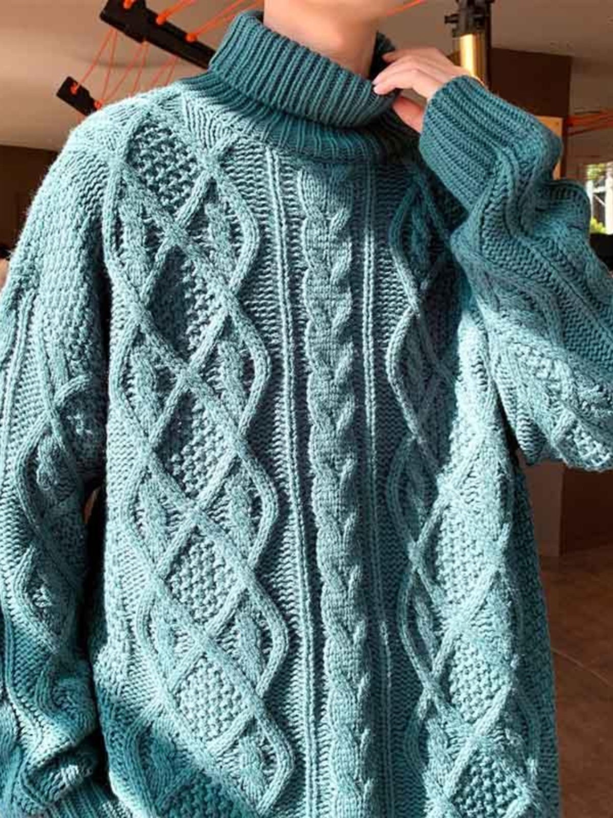 Pull Col Roulé Femme Jacquard Vert - Style Japonais Rétro Vintage Élégant