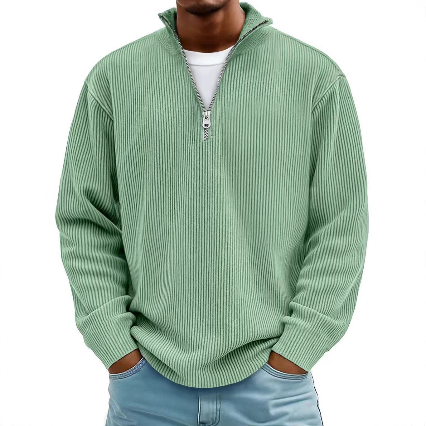 Men's Zip-Up Stand-Up Collar Corduroy Long Sleeve Sweater